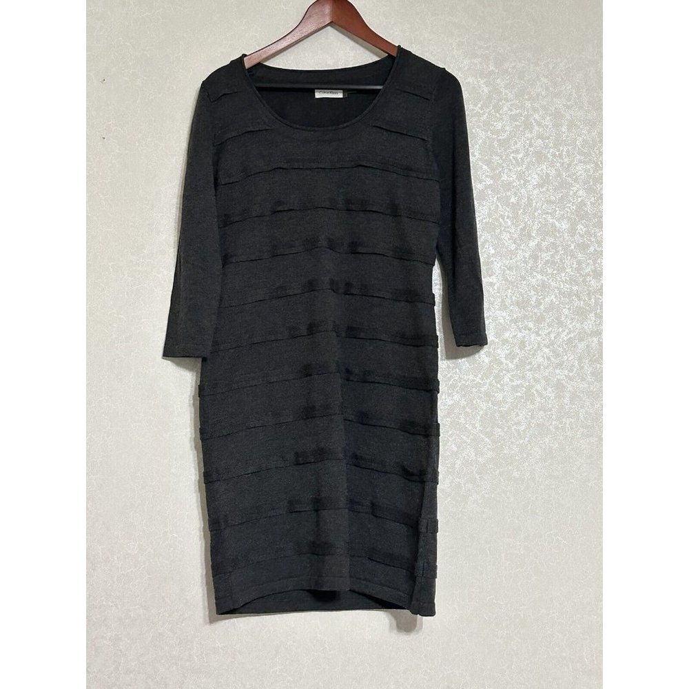 Calvin Klein Dress Gray Tiered‎ Knit Scoop Neck 3/4 Sleeve MInimalist Career M